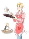  2boys :o alphonse_elric apron bangs black_shirt blonde_hair brothers buttons clenched_hand collared_shirt cooking crossed_legs denim edward_elric egg expressionless eyelashes facing_viewer fingernails food fried_egg frilled_apron frills frying_pan fullmetal_alchemist head_down high_collar holding holding_frying_pan holding_ladle holding_spatula jar jeans ladle light_blush long_sleeves looking_afar male_focus motion_lines multiple_boys pai_(1111) pants parted_lips pink_apron pink_ribbon pink_shirt ponytail pot ribbon shiny shiny_hair shirt siblings simple_background spatula standing stirring sunny_side_up_egg table tareme waist_bow white_apron white_background white_ribbon yellow_eyes 