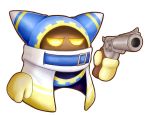  2019 alien angry boom_katz brown_body brown_skin cape clothed clothing disembodied_hand floating gloves gun half-closed_eyes handgun handwear hat headgear headwear holding_gun holding_object holding_weapon kirby_(series) magolor male narrowed_eyes nintendo not_furry pointy_hat ranged_weapon revolver simple_background solo video_games waddling_head weapon white_background yellow_eyes 