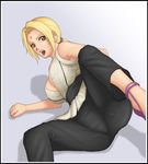  1girl arm_support blonde_hair breasts cleavage deep_rising facial_mark female forehead_mark lipstick lying makeup naruto on_side open_mouth red_eyes shadow solo spread_legs thor_(deep_rising) tsunade 