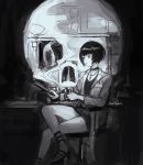  1girl bottle chair collar cup greyscale high_heels holding holding_cup jewelry monochrome necklace persona persona_5 qosic short_hair signature sitting skull solo spiked_collar spikes steam takemi_tae vial x-ray 