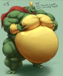  4_toes animal_humanoid belly big_belly big_muscles croconut crown donkey_kong_(series) gold_armband hi_res huge_muscles humanoid hyper hyper_belly hyper_muscles itzcharlie king_k._rool kosmonius male muscular nintendo nude open_mouth pec_grasp red_cape saliva_drip scalie scalie_humanoid solo text toes video_games 