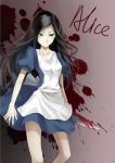  1girl alice:_madness_returns alice_(wonderland) alice_in_wonderland american_mcgee&#039;s_alice apron black_hair blood breasts closed_mouth dress green_eyes knife long_hair looking_at_viewer solo weapon yekong 