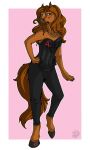  5_fingers amethyst_mare amethystmare anthro black_clothing border brown_body brown_fur brown_hair brown_tail clothed clothing diamond_marking equid equine female fingers full-length_portrait fur hair hi_res hooved_fingers hooves horse jesslyra jewelry long_tail mammal necklace pink_background portrait simple_background solo standing star_(marking) text text_on_clothing text_on_topwear topwear unguligrade_anthro 