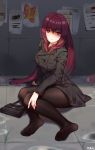  1girl absurdres bag bangs black_jacket black_legwear breasts buttons fate/grand_order fate_(series) feet handbag heroic_spirit_traveling_outfit highres jacket large_breasts legs long_hair long_sleeves looking_at_viewer ninainaidesss no_shoes pantyhose parted_lips purple_hair red_eyes scathach_(fate)_(all) scathach_(fate/grand_order) sitting soles toes 