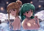  2girls absurdres artist_name bangs blurry blurry_background blush breasts brown_eyes closed_mouth collarbone curly_hair eyebrows_visible_through_hair from_side green_hair hair_between_eyes hand_up highres idolmaster idolmaster_million_live! large_breasts light_brown_hair light_smile looking_at_viewer medium_breasts multiple_girls naked_towel nude onsen open_mouth outdoors partially_submerged short_hair smile snow sparkle steam takatsuki_p tenkuubashi_tomoka tokugawa_matsuri towel upper_body water wet wet_hair white_towel 