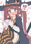  !? 1girl animal_ears asagumo_(kantai_collection) asashio_(kantai_collection) asashio_(kantai_collection)_(cosplay) bangs black_dress blush brown_hair cape cat_ears cat_tail cosplay dress eyebrows_visible_through_hair frilled_dress frills gloves hair_ribbon halloween halloween_costume hat heart highres kantai_collection long_hair long_sleeves nose_blush open_mouth pinafore_dress ribbon school_uniform shirt simoyuki simple_background solo striped striped_legwear sweat tail thighhighs twintails white_background white_gloves white_shirt witch_hat 