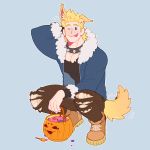  1boy :p ;p absurdres alternate_costume animal_ears bara blonde_hair blue_eyes boku_no_hero_academia chest collar feraltintinsimp full_body halloween halloween_costume highres jack-o&#039;-lantern jacket male_focus muscle one_eye_closed open_clothes open_jacket pants shirt shoes short_hair solo spiked_collar spikes tail togata_mirio tongue tongue_out torn_clothes torn_pants torn_shirt werewolf wolf_boy wolf_ears wolf_tail 