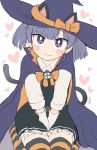  1girl animal_ears asashio_(kantai_collection) asashio_(kantai_collection)_(cosplay) bangs black_dress blush cat_ears cat_tail closed_mouth cosplay dress eyebrows_visible_through_hair frilled_dress frills gloves grey_hair hair_ribbon halloween halloween_costume hands_on_lap hat heart highres kantai_collection long_sleeves looking_at_viewer ooshio_(kantai_collection) pinafore_dress purple_eyes purple_headwear ribbon school_uniform shirt short_twintails simoyuki simple_background sitting solo striped striped_legwear tail thighhighs twintails white_background white_gloves white_shirt witch_hat 