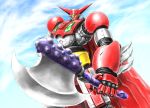  axe cape getter-1 getter_robo highres holding holding_axe horns looking_down mecha no_humans redesign ryu_suio_shou sky solo super_robot yellow_eyes 