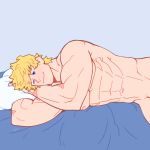  1boy abs bara blonde_hair blue_eyes boku_no_hero_academia chest completely_nude feraltintinsimp groin highres lying male_focus messy_hair muscle nipples nude on_side one_eye_closed scar short_hair smile solo togata_mirio 