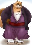  2020 absurd_res anthro belly brown_body brown_fur canid canine clothing duo footwear fur hi_res kemono male mametanu_tanuki mammal one_eye_closed overweight overweight_male raccoon_dog robe sandals solo tanuki wink 