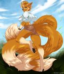  anthro black_nose blue_eyes breasts canid canine dipstick_tail dreamspinner female fox fur gloves_(marking) gluneria_fullin grass hair hi_res leg_markings looking_back luckypan mammal markings multi_tail multicolored_tail orange_body orange_fur outside socks_(marking) solo 