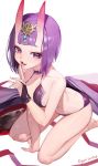  1girl absurdres bangs bare_shoulders blush bob_cut breasts collarbone eyeliner fate/grand_order fate_(series) highres horns japanese_clothes kimono long_sleeves looking_at_viewer makeup mokomaru off_shoulder oni oni_horns open_mouth purple_eyes purple_hair purple_kimono revealing_clothes short_hair shuten_douji_(fate/grand_order) skin-covered_horns small_breasts smile 