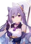  1girl arm_up bare_shoulders breasts chinese_clothes choker close-up commentary_request double_bun earrings genshin_impact gloves jewelry keqing light_smile medium_breasts purple_choker purple_eyes purple_gloves purple_hair solo wwzooc 