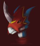  2016 amberflame armor blue_body digimon digimon_(species) dragon fangs flamedramon headshot_portrait horn markings portrait red_background red_eyes reptile scalie sharp_teeth signature simple_background teeth white_body yellow_markings 