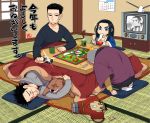  animal asirpa biting black_hair black_shirt blue_eyes board_game bowl calendar_(object) camera chopsticks closed_eyes contemporary cup cushion dog door eating facial_scar food fruit full_body game_of_life golden_kamuy green_pants grey_jacket hair_slicked_back hair_strand haori henmi_kazuo holding holding_bowl holding_camera holding_chopsticks hood hood_down indoors jacket japanese_clothes kiroranke kotatsu leaning_forward long_hair long_sleeves looking_at_another low_ponytail lying mandarin_orange ogata_hyakunosuke on_side onnomono pants ryu_(golden_kamuy) scar scar_on_cheek shiraishi_yoshitake shirt short_hair sleeping smile socks sugimoto_saichi sweatdrop sweater table taking_picture tatami television translation_request trophy turtleneck turtleneck_sweater v-neck white_sweater yellow_sweater 