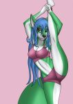  anthro aventis aventis_vixxx blue_hair breasts canid canine clothing exercise_clothing eyeshadow female fox fur green_body green_fur hair hi_res makeup mammal navel raised_leg simple_background smile solo 