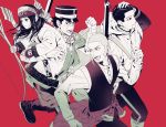  1girl 3boys absurdres ainu ainu_clothes arisaka asirpa bandana bolt_action boots bow_(weapon) carrying_over_shoulder cloak clothes_around_waist earrings facial_hair facial_scar feet_out_of_frame goatee golden_kamuy greyscale gun hair_slicked_back hair_strand hand_on_own_head haori hat highres holding holding_bow_(weapon) holding_stick holding_weapon hoop_earrings jacket jacket_around_waist japanese_clothes jewelry long_hair long_sleeves looking_away military military_hat military_uniform monochrome multiple_boys nose_scar ogata_hyakunosuke open_mouth pants red_background rifle running scar scar_on_cheek scarf shaved_head shiraishi_yoshitake short_hair sideburns simple_background sling stick sugimoto_saichi sweat uniform very_short_hair vest weapon yuu_(isis7796) 