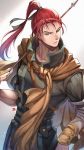  1boy archery arrow_(projectile) blue_eyes bow_(weapon) fire_emblem fire_emblem_heroes highres holding holding_weapon long_hair looking_at_viewer male_focus nakabayashi_zun neck open_mouth ponytail red_hair scarf shinon_(fire_emblem) simple_background solo weapon 