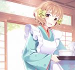  1girl :d apron blue_kimono bow brown_eyes brown_hair floral_print hair_bow hair_ornament hanasaku_iroha highres holding holding_tray indoors japanese_clothes kimono loggi looking_at_viewer matsumae_ohana open_mouth plate short_hair smile standing tray wide_sleeves yellow_bow 