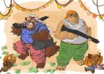  2020 angry anthro belly bonbonbear bottomwear canid canine clothing eyewear glasses goemon_(tas) group halloween holidays kemono male mammal overweight overweight_male pants pumpkin_head raccoon_dog shirt tanuki tokyo_afterschool_summoners topwear ursid video_games volos weapon 