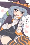  1girl animal_ears asashio_(kantai_collection) asashio_(kantai_collection)_(cosplay) bangs black_dress blush braid cape cat_ears cat_tail cosplay dress eyebrows_visible_through_hair frilled_dress frills gloves grey_hair grey_hairband hair_ornament hair_scrunchie hairband halloween halloween_costume hat heart highres kantai_collection long_hair long_sleeves open_mouth paw_pose pinafore_dress scrunchie shirt sidelocks simoyuki simple_background single_braid sitting solo striped striped_legwear tail thighhighs white_background white_gloves white_shirt witch_hat yamagumo_(kantai_collection) 