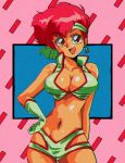  1990s_(style) 1girl breasts dark_skin dark_skinned_female dirty_pair hand_on_hip headband highres jewelry kei_(dirty_pair) large_breasts looking_at_viewer navel open_mouth potiri02 red_eyes red_hair short_hair single_earring solo stomach stomach_day white_headband 