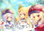  3girls :d :o :q ahoge animal_ear_fluff animal_ears arm_guards bangs bare_shoulders blonde_hair blue_dress blurry blurry_background blurry_foreground blush bow braid breasts brown_eyes brown_gloves cabbit cleavage commentary_request cup day depth_of_field dress eyebrows_visible_through_hair fox_ears fox_girl fox_hair_ornament fox_tail genshin_impact gloves hair_between_eyes hair_bow hair_ornament hairclip hat holding holding_cup indie_virtual_youtuber kinetsuki_noa klee_(genshin_impact) kouu_hiyoyo long_hair long_sleeves low_twintails medium_breasts multiple_girls open_mouth outdoors parted_lips pink_bow pointy_ears purple_eyes purple_hair purple_headwear qing_guanmao qiqi red_dress red_eyes red_headwear saucer smile tablecloth tail tail_raised tea teacup teapot tiered_tray tongue tongue_out twin_braids twintails upper_body virtual_youtuber white_dress 