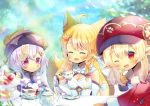  3girls :d ;d ^_^ ahoge animal_ear_fluff animal_ears arm_guards bangs bare_shoulders blonde_hair blue_dress blurry blurry_background blurry_foreground blush bow braid breasts brown_gloves cabbit cleavage closed_eyes closed_mouth cup day depth_of_field dress eyebrows_visible_through_hair fox_ears fox_girl fox_hair_ornament fox_tail genshin_impact gloves hair_between_eyes hair_bow hair_ornament hairclip hat holding holding_cup indie_virtual_youtuber kinetsuki_noa klee_(genshin_impact) kouu_hiyoyo long_hair long_sleeves low_twintails medium_breasts multiple_girls one_eye_closed open_mouth outdoors pink_bow pointy_ears purple_eyes purple_hair purple_headwear qing_guanmao qiqi red_dress red_eyes red_headwear saucer smile tablecloth tail tail_raised tea teacup teapot tiered_tray twin_braids twintails upper_body virtual_youtuber white_dress 