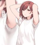  1girl armpits arms_behind_head arms_up bangs breasts brown_eyes brown_hair commentary_request eyebrows_visible_through_hair hair_ornament hairclip higuchi_madoka idolmaster idolmaster_shiny_colors looking_at_viewer medium_breasts medium_hair mole mole_under_eye multiple_views red_hair shirt short_sleeves sunaba_suzume sweat upper_body white_background white_shirt 