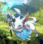  avali blitzdrachin blue_eyes claws conditional_dnp feathers fur grass melee_weapon polearm reptile scalie scythe semi-anthro smile weapon wings 