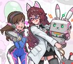  2girls ;p animal_ears aqua_nails armor bangs black_legwear black_neckwear black_skirt blue_eyes blunt_bangs blush bodysuit borrowed_character breasts brown_hair bunny_ears cat_ears coat collared_shirt commentary commission cowboy_shot d.va_(overwatch) english_commentary facepaint facial_mark fake_animal_ears frilled_legwear garter_straps gatling_gun glasses gloves hands_together hands_up headphones heart holding id_card labcoat licking_lips long_hair long_sleeves looking_at_another mecha meka_(overwatch) miniskirt multiple_girls nail_polish necktie one_eye_closed open_mouth original outline overwatch pencil_skirt pilot_suit ribbed_bodysuit robot rowen_montera shirt shoulder_armor skin_tight skindentation skirt smile star_(symbol) star_in_eye swept_bangs symbol_in_eye thick_eyebrows thighhighs tongue tongue_out upper_teeth very_long_hair whisker_markings white_coat white_gloves white_outline 