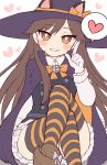  1girl animal_ears arashio_(kantai_collection) asashio_(kantai_collection) asashio_(kantai_collection)_(cosplay) bangs black_dress blush brown_eyes brown_footwear brown_hair cape cat_ears cosplay crossed_legs dress eyebrows_visible_through_hair frilled_dress frills gloves halloween halloween_costume hat heart highres kantai_collection long_hair long_sleeves pinafore_dress school_uniform shirt simoyuki simple_background smile solo spoken_heart striped striped_legwear white_background white_gloves white_shirt witch_hat 