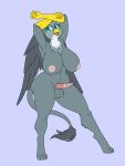  anthro anthrofied avian balls big_breasts breasts chest_tuft friendship_is_magic gabby_(mlp) genitals grey_body gryphon gynomorph hasbro hi_res huge_breasts intersex lurking_tyger my_little_pony mythological_avian mythology nipples nude penis purple_background simple_background solo tuft 