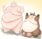  2014 anthro balls belly big_balls blush brown_body brown_fur canid canine doguma-sin duo eyes_closed facial_hair fur genitals hachiemon human humanoid_hands inuyasha kemono male mammal moobs morbidly_obese mustache nipples obese overweight overweight_male penis raccoon_dog tanuki 