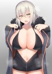  1girl ahoge alternate_breast_size bangs blush breasts cleavage coat fate/grand_order fate_(series) fur-trimmed_coat fur_trim highres huge_breasts jeanne_d&#039;arc_(alter)_(fate) jeanne_d&#039;arc_(fate)_(all) kitajima_yuuki long_hair looking_at_viewer navel open_clothes open_mouth silver_hair sweat yellow_eyes 
