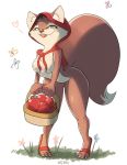  &lt;3 absurd_res anthro apple big_tail blue_eyes breasts brown_body brown_fur canid canine clothing female food fox fruit fur hi_res mammal nipples nozabii open_mouth plant small_breasts smile solo thick_thighs 