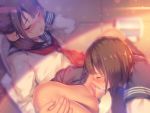  2girls a.x. bed brown_hair cunnilingus original pussy school_uniform short_hair skirt_lift uncensored waifu2x yuri 