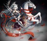  absurdres animal_ears arknights armor banner boots breastplate english_commentary grani_(arknights) grey_eyes grey_hair highres horse horse_ears knight lance long_hair looking_at_viewer ochame petals poland polearm ponytail rearing riding shoulder_armor thighhighs vambraces very_long_hair weapon winged_hussar 