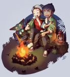  2boys beanie black_pants black_shirt blush bo9_(bo9_nc) brown_footwear cable_knit campfire commentary_request dreepy eating fire flame food fur-trimmed_jacket fur_trim gen_8_pokemon grass grey_headwear hat highres holding holding_stick hop_(pokemon) jacket male_focus marshmallow multiple_boys open_mouth pants pokemon pokemon_(creature) pokemon_(game) pokemon_swsh red_shirt roasting shirt shoes short_hair sitting sparkle stick tongue torn_clothes torn_pants victor_(pokemon) yellow_eyes 