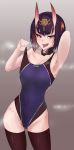  1girl absurdres alternate_costume aya_(user_ddya7452) bare_shoulders bob_cut collarbone competition_swimsuit detached_collar eyeliner fangs fate/grand_order fate_(series) groin highres horns makeup one-piece_swimsuit oni oni_horns purple_eyes purple_hair short_eyebrows short_hair shuten_douji_(fate/grand_order) solo steaming_body swimsuit tongue tongue_out 