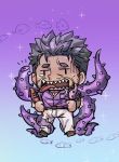  1boy chibi dagon_(tokyo_houkago_summoners) facial_hair fate/grand_order fate_(series) full_body gradient gradient_background grey_hair highres ina_zuma male_focus octopus_boy pants purple_shirt riyo_(lyomsnpmp)_(style) sharp_teeth shirt short_hair simple_background solo squid stubble teeth tentacles tokyo_houkago_summoners tongue tongue_out white_pants 