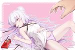  1girl 722_(tsk02324) artist_name azur_lane bangs bare_arms bare_legs bare_shoulders bow bow_panties choker closed_eyes double_bun dress eyebrows_visible_through_hair food halterneck highres in_mouth le_malin_(azur_lane) le_malin_(the_knight&#039;s_true_nature)_(azur_lane) long_hair lying on_back panties pink_panties pocky pocky_day sidelocks silver_hair sleeping sleeveless sleeveless_dress solo sundress underwear very_long_hair white_dress 