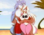  5:4 anthro arm_on_shoulder beach big_breasts bikini blue_body blue_eyes blue_fur blue_hair breasts canid canine canis clothing duo female fluffy fluffy_tail fur hair huge_breasts lipstick looking_at_another makeup male male/female mammal micro_bikini nipple_outline ooo-belise-ooo pink_body pink_fur seaside smile standing swimming_trunks swimwear tattoo watermark white_hair wolf 