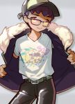  1boy absurdres alternate_costume bangs baseball_cap belt bespectacled commentary_request dark_skin dark_skinned_male fur-trimmed_jacket fur_trim gen_8_pokemon glasses hat highres hop_(pokemon) jacket looking_at_viewer male_focus moti_(m0cch1m0) open_clothes open_jacket pants pokemon pokemon_(game) pokemon_swsh shirt short_hair short_sleeves solo t-shirt tongue tongue_out wooloo yellow_eyes 