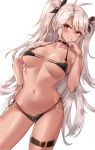  1girl absurdres antenna_hair ass_visible_through_thighs azur_lane bangs bare_arms bare_shoulders bikini black_bikini black_choker black_ribbon blush bracelet breasts choker cleavage clyde_s collarbone cowboy_shot eyebrows_visible_through_hair flag_print german_flag_bikini hair_ribbon hand_on_hip head_tilt highres huge_filesize jewelry large_breasts long_hair navel parted_lips prinz_eugen_(azur_lane) prinz_eugen_(unfading_smile)_(azur_lane) red_eyes ribbon side-tie_bikini silver_hair simple_background smile solo stomach swept_bangs swimsuit tan thigh_strap two_side_up underboob very_long_hair white_background 