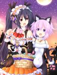  2girls animal_ears bag bare_shoulders bat bell black_ribbon blush breasts cat_girl choker cleavage commentary_request cowboy_shot detached_sleeves eyebrows_visible_through_hair fake_animal_ears hair_between_eyes hair_ribbon halloween holding holding_bag jingle_bell joney long_hair looking_at_another looking_at_viewer moon multiple_girls neptune_(neptune_series) neptune_(series) night night_sky noire open_mouth purple_eyes purple_hair red_eyes ribbon short_hair sky smile twintails white_choker 