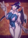  3:4 anthro bikini blue_body blue_eyes breasts clothed clothing fangs female hat headgear headwear hi_res horn legendary_pok&eacute;mon lugia multicolored_body nintendo open_mouth open_smile partially_clothed pok&eacute;mon pok&eacute;mon_(species) q_wed simple_background smile solo swimwear tongue two_tone_body video_games white_body 