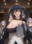  3girls absurdres ahoge azur_lane bangs belfast_(azur_lane) between_breasts black_hair breasts cleavage closed_eyes commentary_request cosplay detached_collar detached_sleeves formidable_(azur_lane) formidable_(azur_lane)_(cosplay) hair_between_eyes hair_ribbon highres holding holding_tray hood_(james_x) index_finger_raised indoors large_breasts maid multiple_girls open_mouth pink_eyes red_eyes ribbon sidelocks silver_hair taihou_(azur_lane) tray twintails 