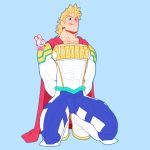  1boy absurdres bara blonde_hair blue_eyes blush bodysuit boku_no_hero_academia bound bound_wrists bulge cape chest covered_abs feraltintinsimp full_body highres male_focus medium_hair messy_hair muscle red_cape solo thick_thighs thighs togata_mirio tongue tongue_out white_bodysuit 